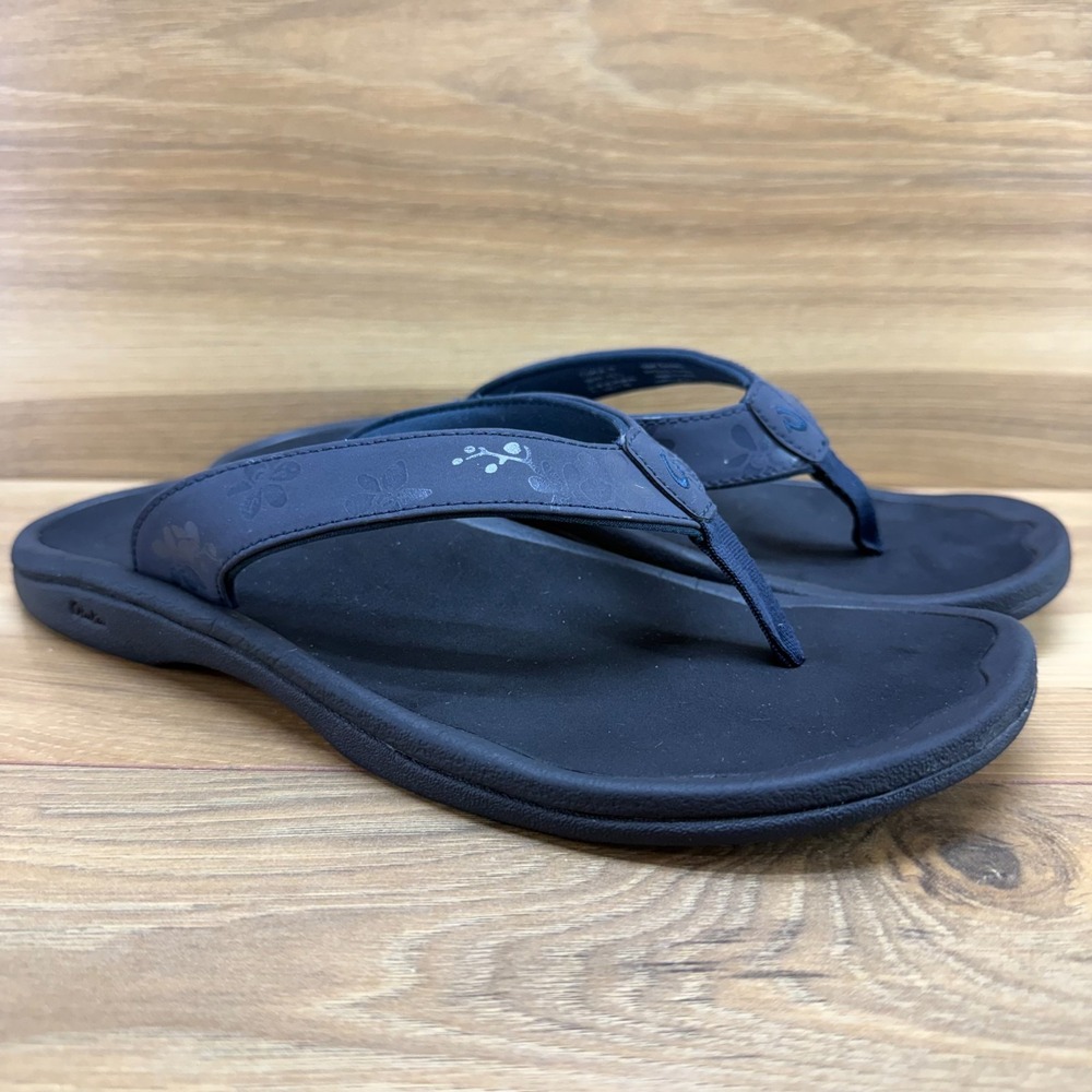 Olukai Ohana Flip Flops Womens 10 Blue Floral Thong Sandals Travel Casual - Picture 3 of 10